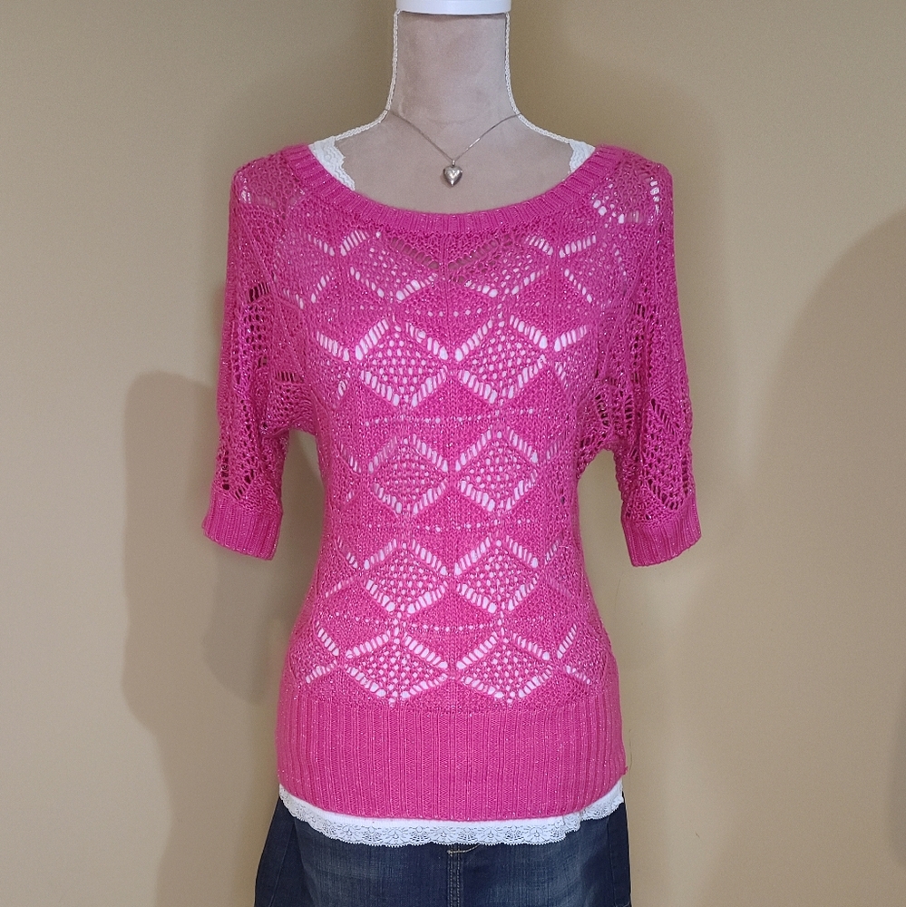 Candie's pink open shoulder dolman sleeve sweater with metallic silver details